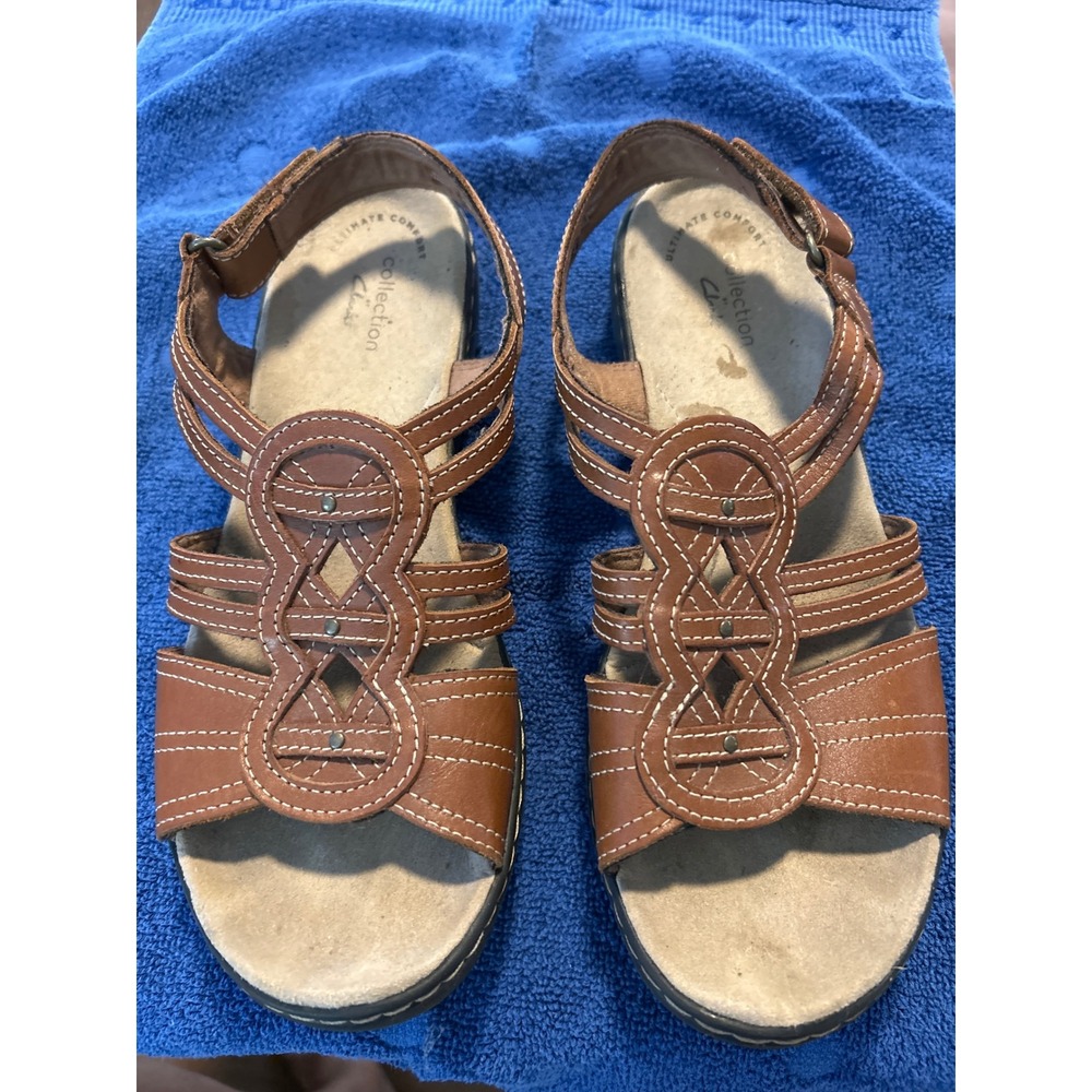 Clarks Collection Leisa Janna Tan Brown Leather Strappy Comfort Sandals Womens 7